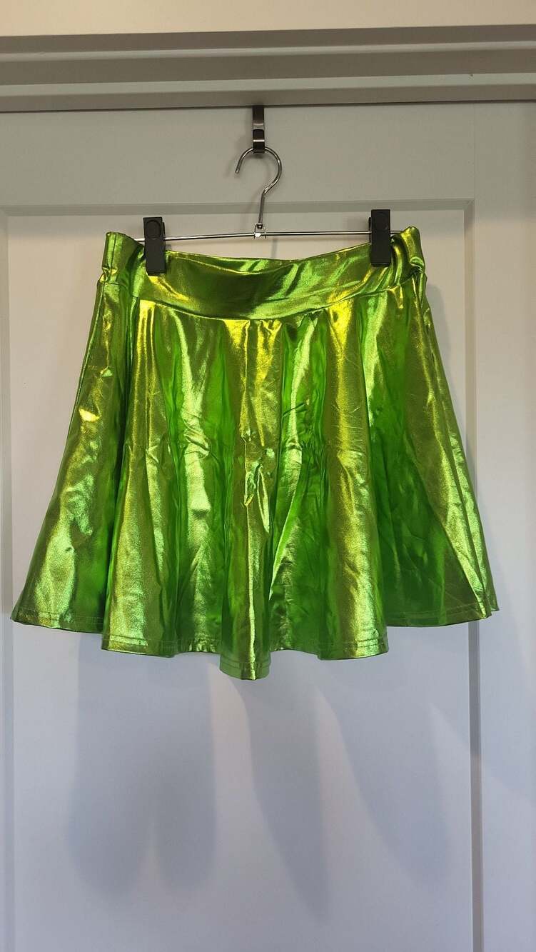 EXCHIC Women's Shiny Metallic Flared Pleated Mini Skater Skirt in Lime Green, M